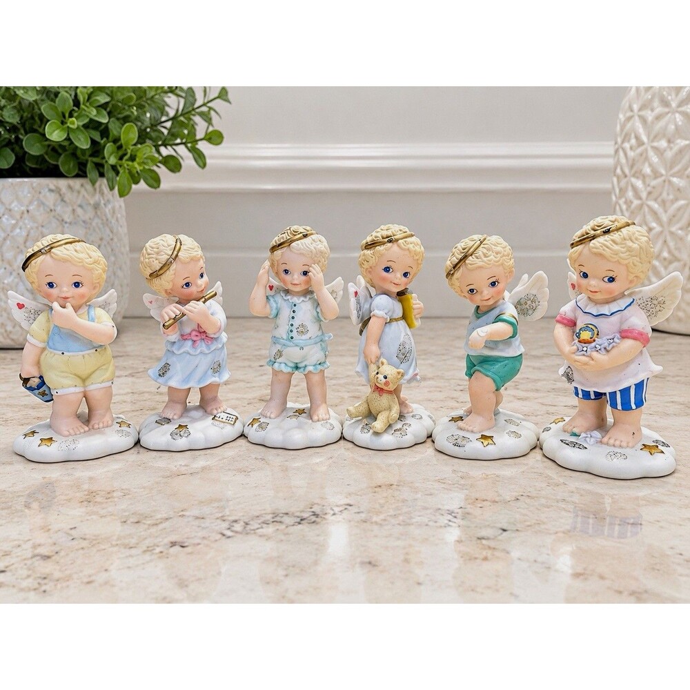 Bronson Tender Hearts Porcelain Angels Hand Painted Signed Set of 6 1995 KS